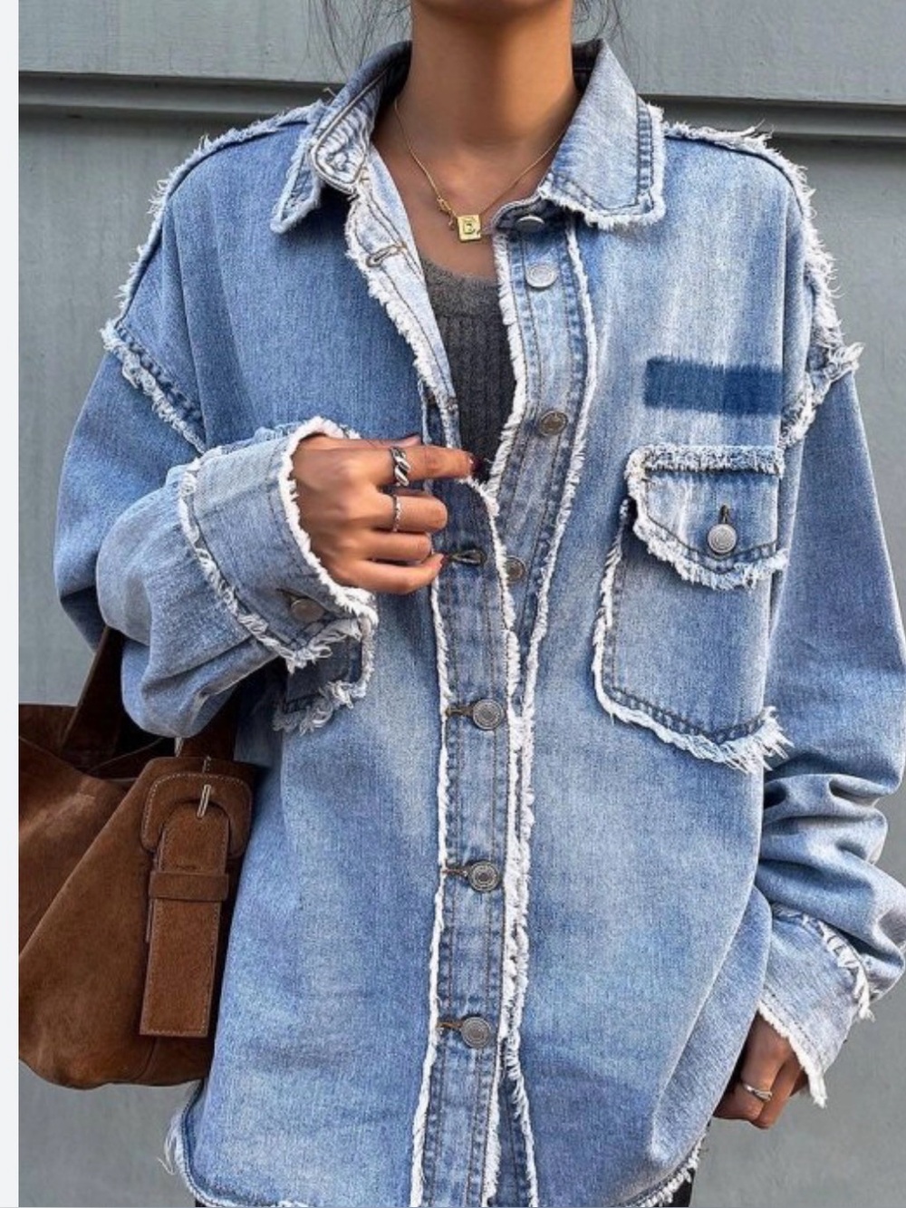 Oversized Distressed Denim Shirt Jacket - Light Blue with fridge detail